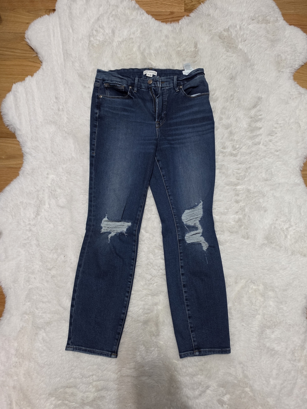 Good American Women's Straight Leg Ripped Dark Wash Jeans